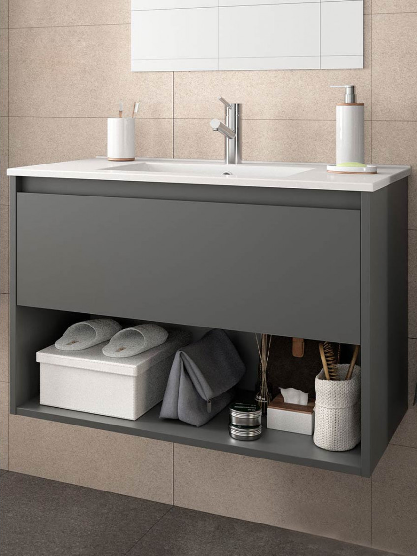 Mobile bagno sospeso 80 cm Noja grigio opaco con lavabo a incasso - Abitare