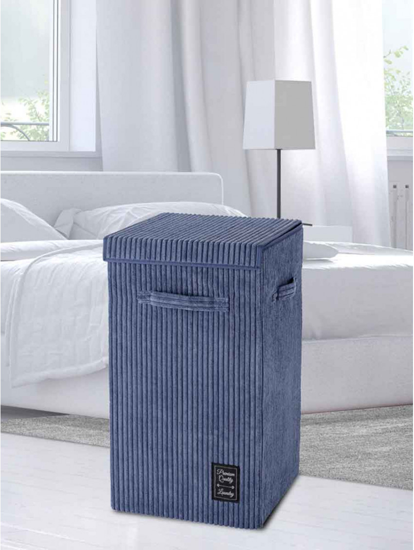Cesto Biancheria 100L Con Doppio Scomparto E Coperchi - Separazione Chiari/Scuro - Tessuto E Bambù Pieghevole - Blu