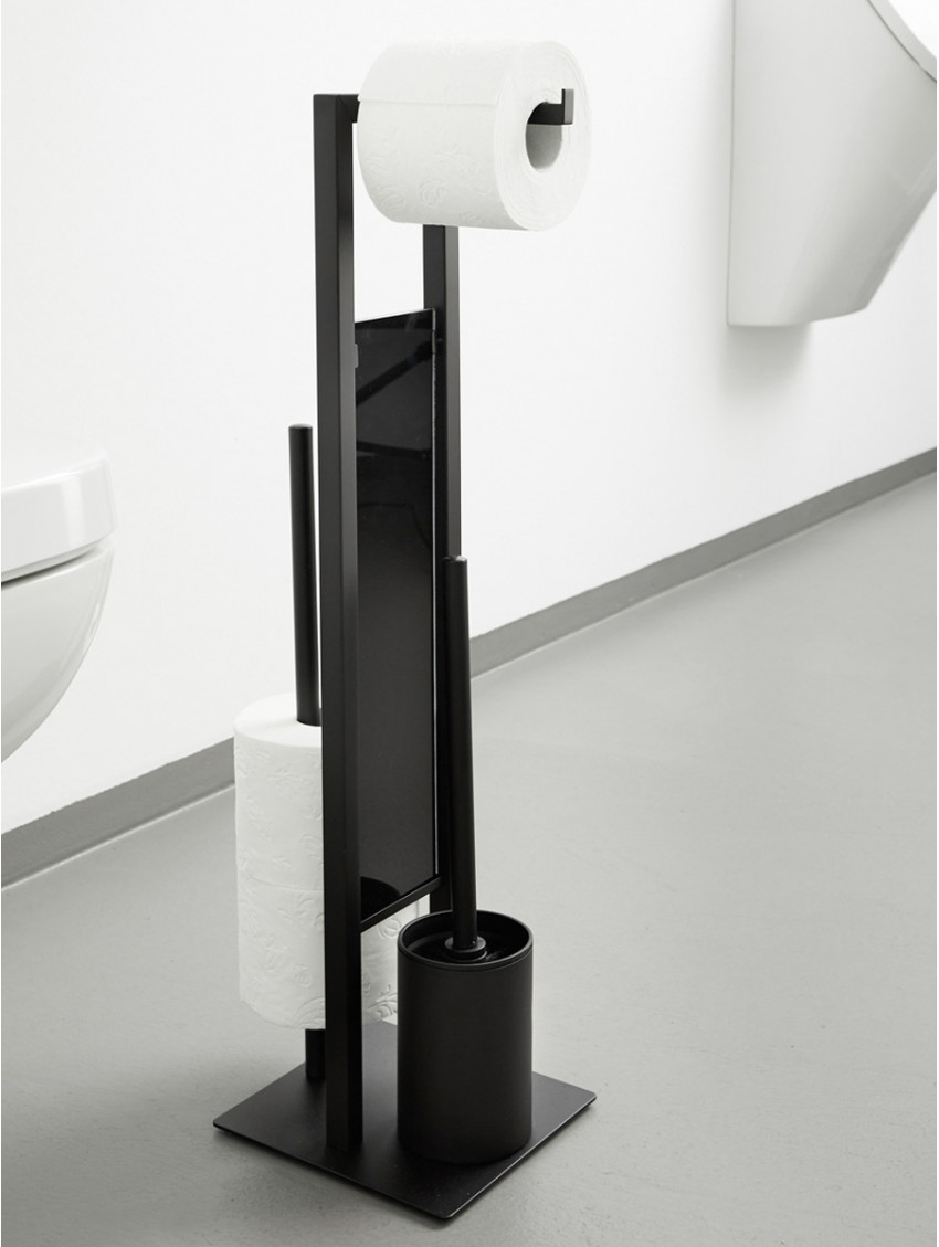 Scopino WC con portarotolo – Nero – Porta carta igienica senza fori in  acciaio inox spazzolato – Base in