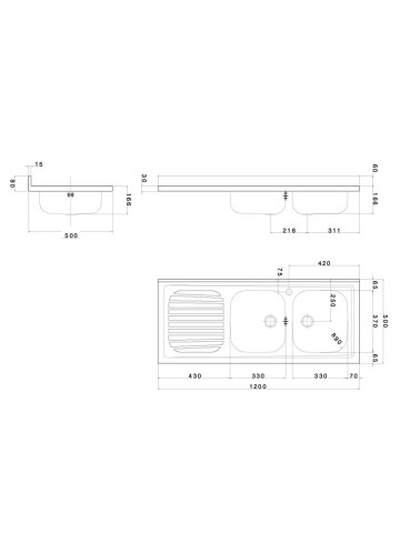 Sottolavello con cassetti a sx o dx e 2 ante finitura bianco lavello inox 2 vasche cm 120 x 50x H81 serie Basic