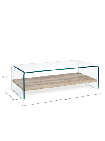 tavolino divano Kenya L110xP55xH35 cm in vetro e piano in mdf legno chiaro