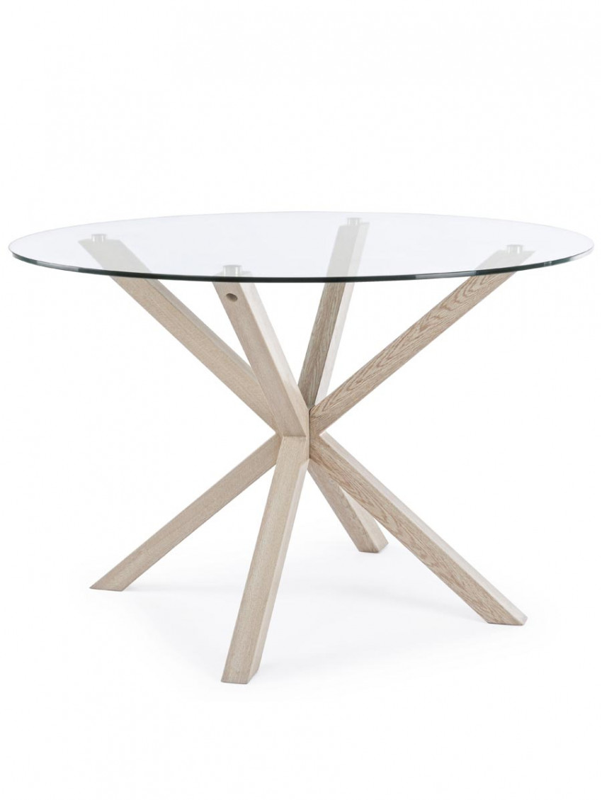 tavolo tondo May Ø L114xH76 cm piano in vetro struttura acciaio effetto legno naturale