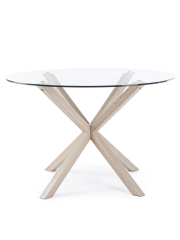 tavolo tondo May Ø L114xH76 cm piano in vetro struttura acciaio effetto legno naturale