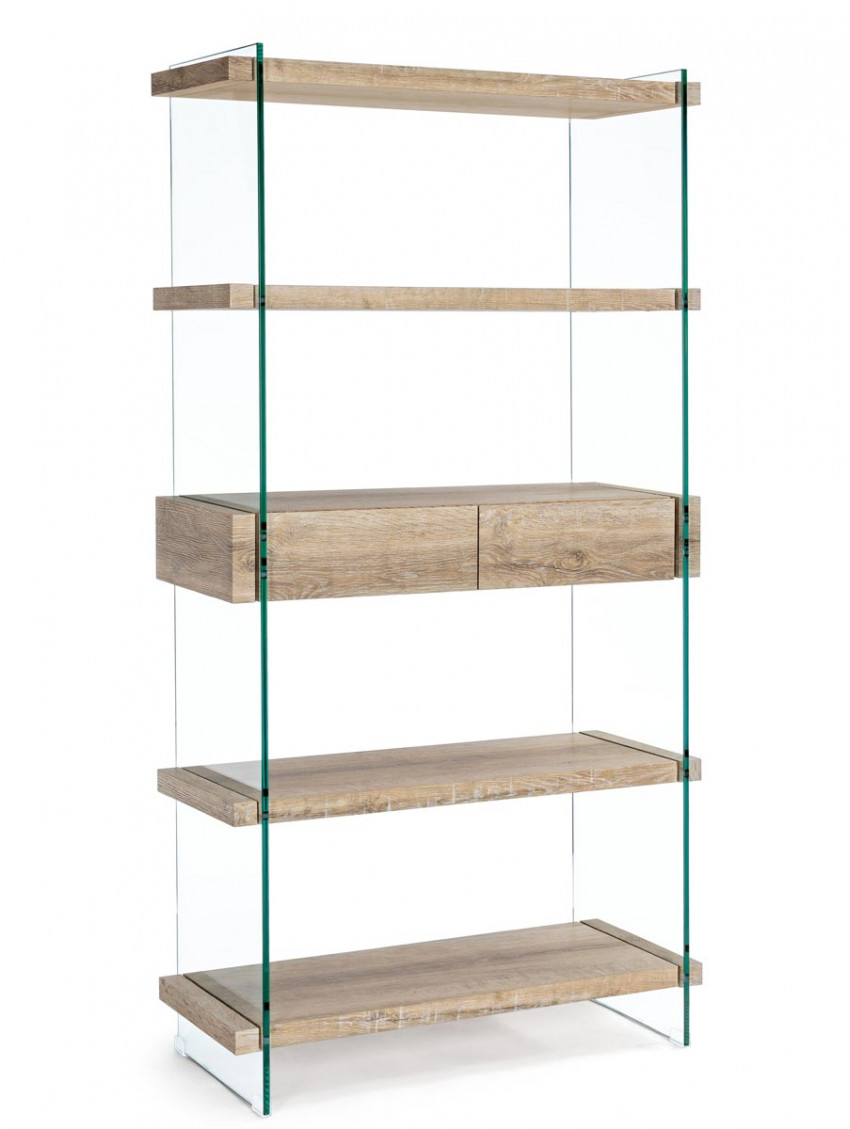 libreria Kenya 5 piani e 2 cassetti L90xP39xH180 cm in vetro e mdf legno chiaro