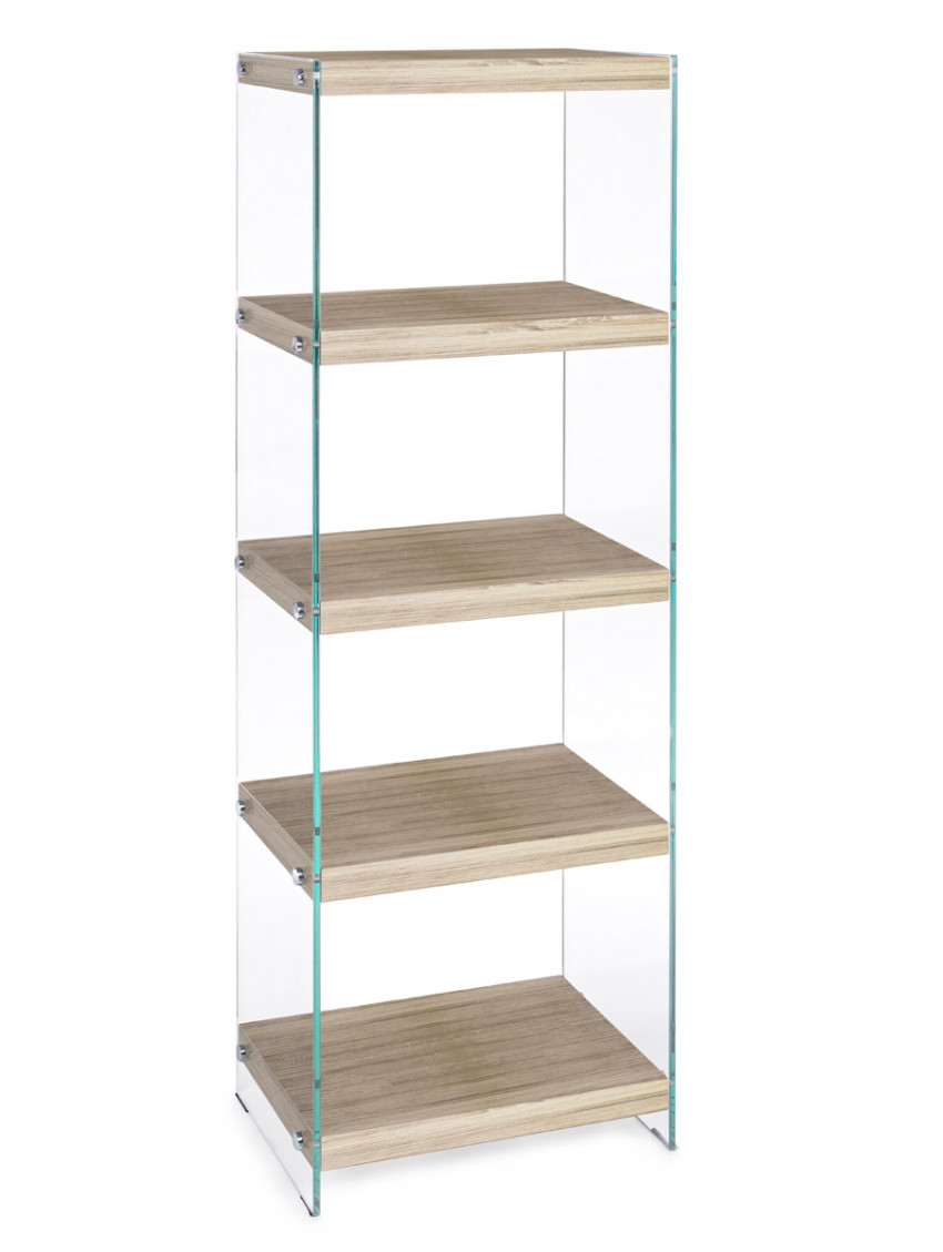 libreria Kenya 5 piani L40xP30xH131 cm in mdf legno chiaro e fianchi in vetro