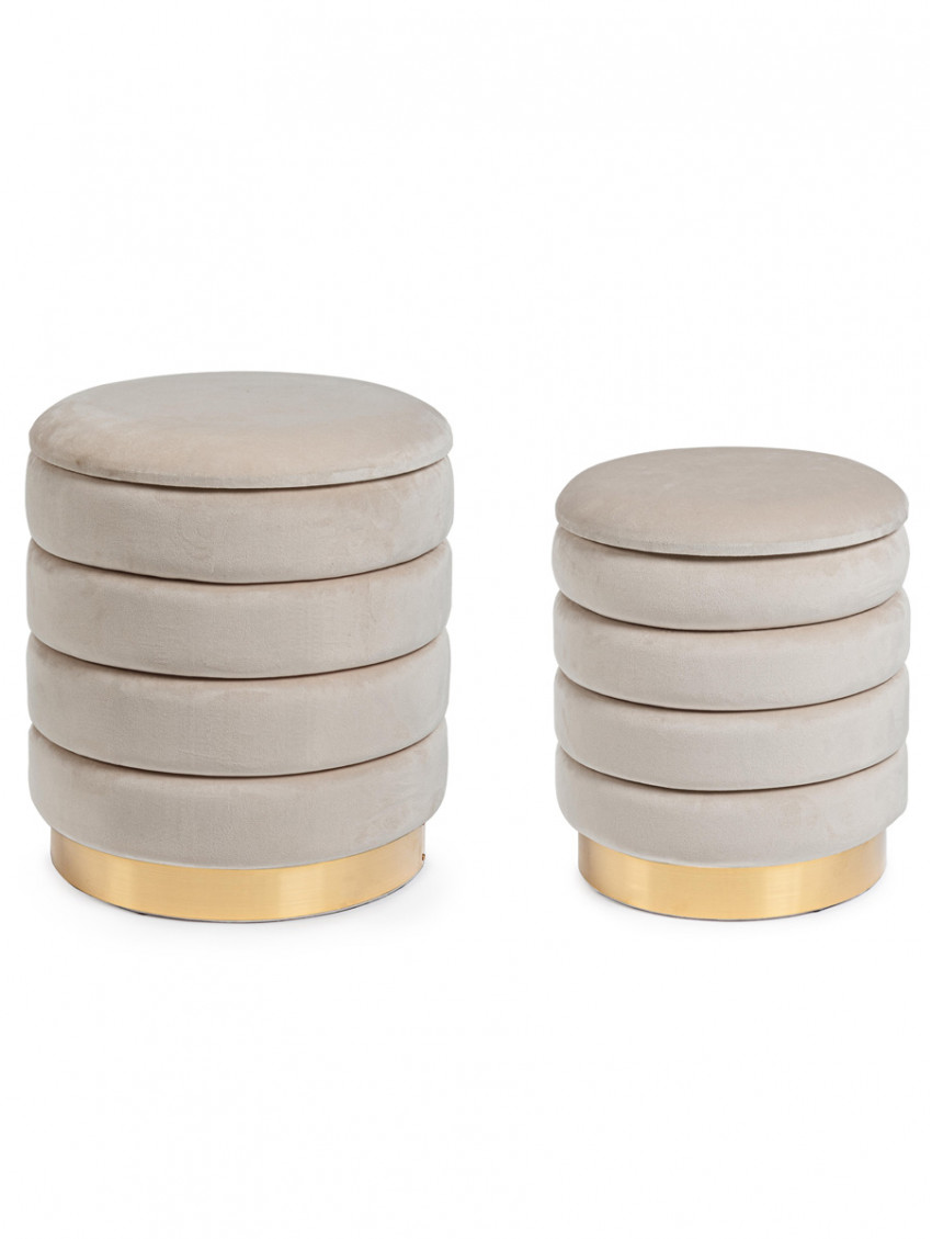 Set 2 Pouf contenitore in velluto Beige base metal DARINA
