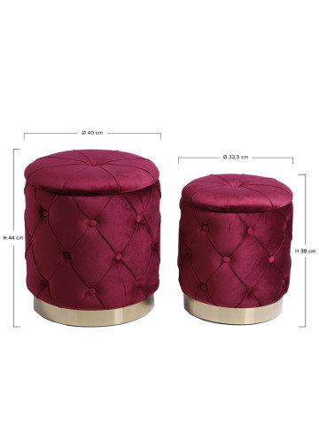 Set 2 Pouf contenitore in velluto Bordeaux base metal CHESTER