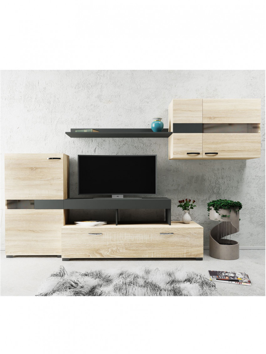 Mobile parete soggiorno porta tv L260 x P40 x H180 SELENE Rovere natural / Antracite