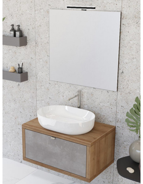 Mobile bagno sospeso 80 cm cassetto lavabo specchio DOMUS Rovere  Farnia/Cemento Grigio scuro