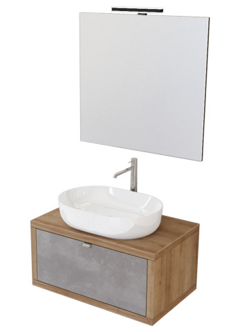 Mobile bagno sospeso 80 cm cassetto lavabo specchio DOMUS Rovere  Farnia/Cemento Grigio scuro