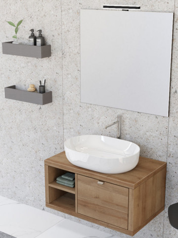 Mobile bagno sospeso 80 cm cassetto ripiano lavabo specchio DOMUS Rovere Farnia