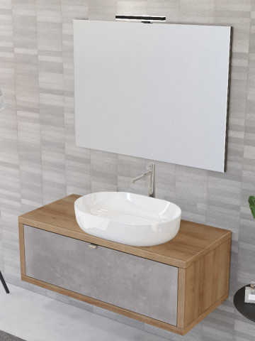 Mobile bagno sospeso 110 cm cassetto lavabo specchio DOMUS Rovere Farnia/Cemento Grigio scuro