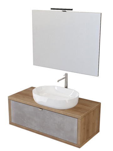 Mobile bagno sospeso 110 cm cassetto lavabo specchio DOMUS Rovere Farnia/Cemento Grigio scuro