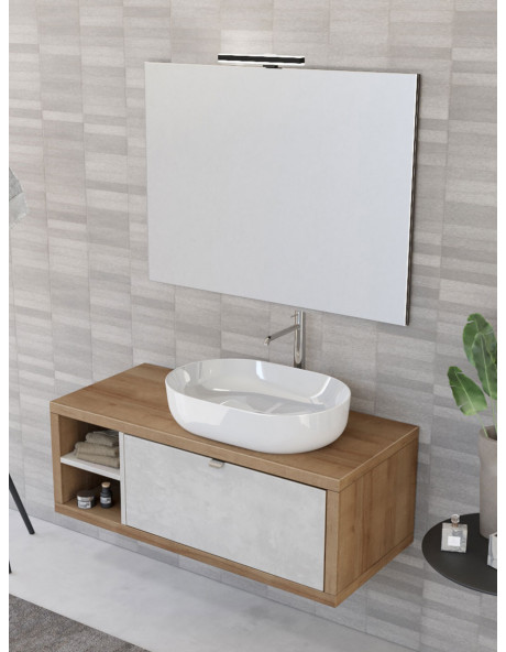 Mobile bagno sospeso 110 cm cassetto ripiano lavabo specchio DOMUS Rovere  Farnia/Cemento grigio chiaro