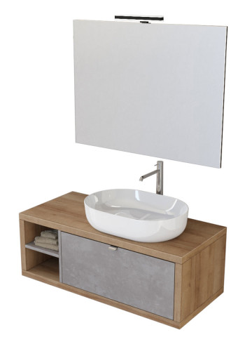 Mobile bagno sospeso 110 cm cassetto ripiano lavabo specchio DOMUS Rovere Farnia/Cemento grigio chiaro