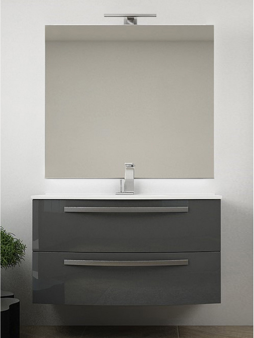 Mobile bagno sospeso curvo 100 cm 2 cassetti con lavabo e specchiera led  STELLA Antracite