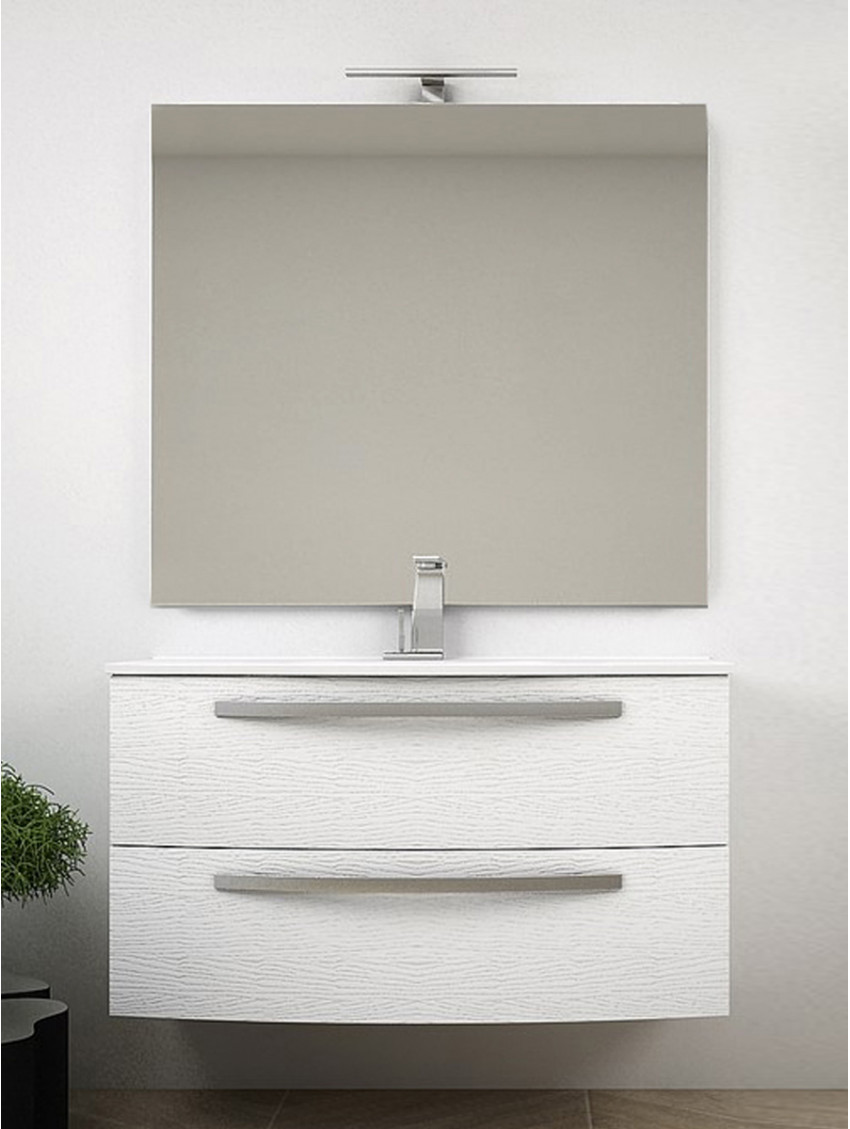 Mobile bagno sospeso curvo 100 cm 2 cassetti con lavabo e specchiera led  STELLA Bianco frassinato