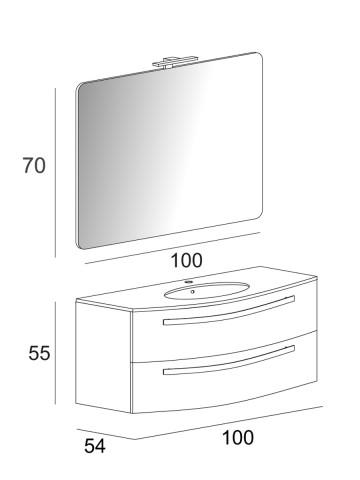 Mobile bagno sospeso curvo 100 cm 2 cassetti con lavabo e specchiera led  STELLA Bianco frassinato