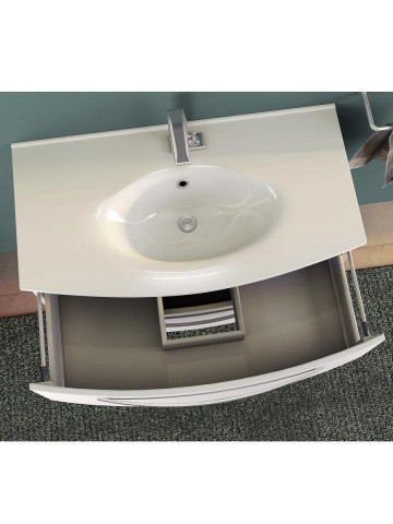 Mobile bagno sospeso curvo 100 cm 2 cassetti con lavabo e specchiera led  STELLA Bianco lucido