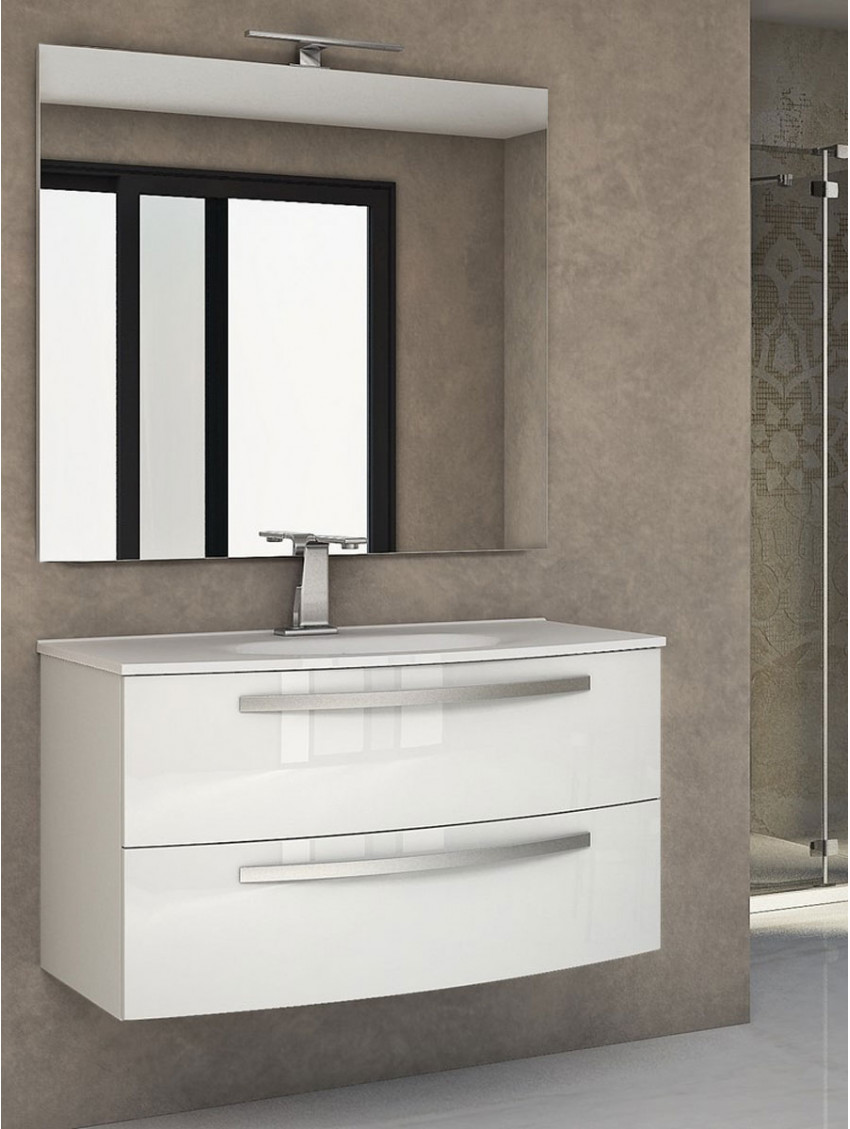 Mobile bagno sospeso curvo 100 cm 2 cassetti con lavabo e specchiera led  STELLA Bianco lucido