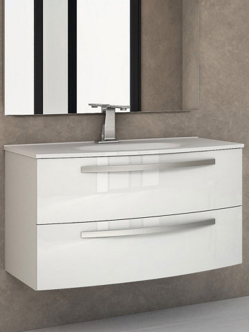 Mobile bagno sospeso curvo 100 cm 2 cassetti con lavabo e specchiera led  STELLA Bianco lucido