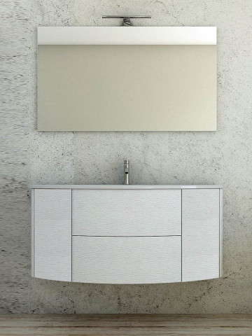 Mobile bagno curvo sospeso 121 cm 2 cassetti 2 ante lavabo e specchio led EDEN Frassino Bianco