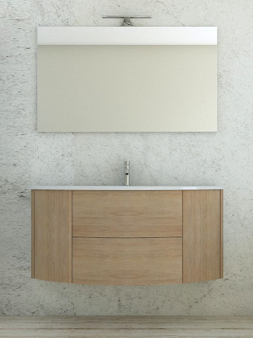 Mobile bagno curvo sospeso 121 cm 2 cassetti 2 ante lavabo e specchio led EDEN Rovere tabacco