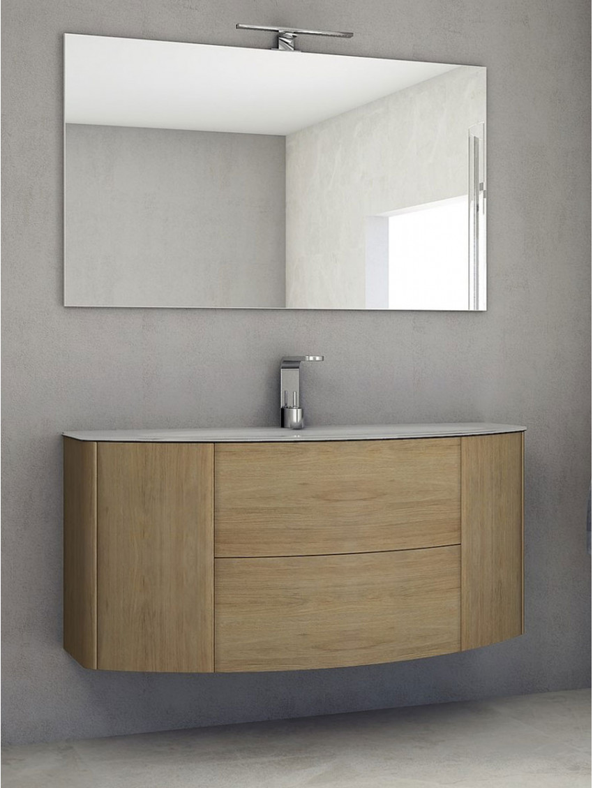 Mobile bagno curvo sospeso 121 cm 2 cassetti 2 ante lavabo e specchio led EDEN Rovere tabacco