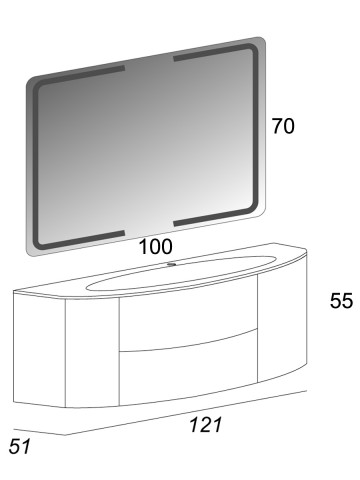 Mobile bagno curvo sospeso 121 cm 2 cassetti 2 ante lavabo e specchio led EDEN Rovere tabacco