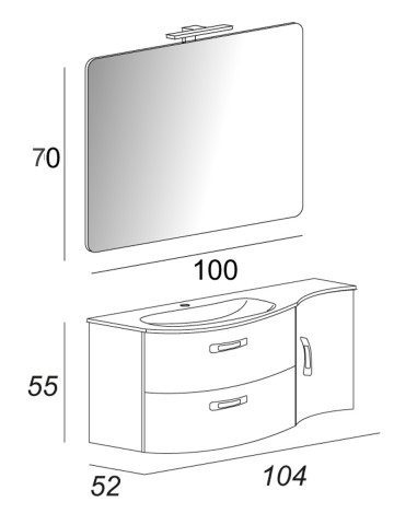 Mobile bagno sospeso vasca dx 104 cm 2 cassetti curvi 1 anta specchio led BEST Rovere sbiancato