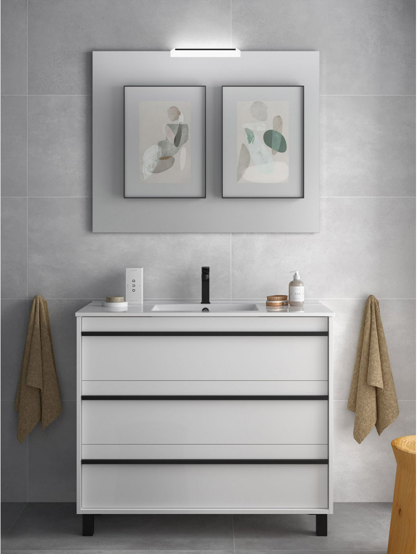 Mobile bagno legno  cm 100 3 cassetti e specchio con luce led ATTILA Bianco lucido