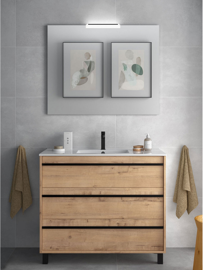 Mobile bagno legno  cm 100 3 cassetti e specchio con luce led ATTILA Rovere Ostippo