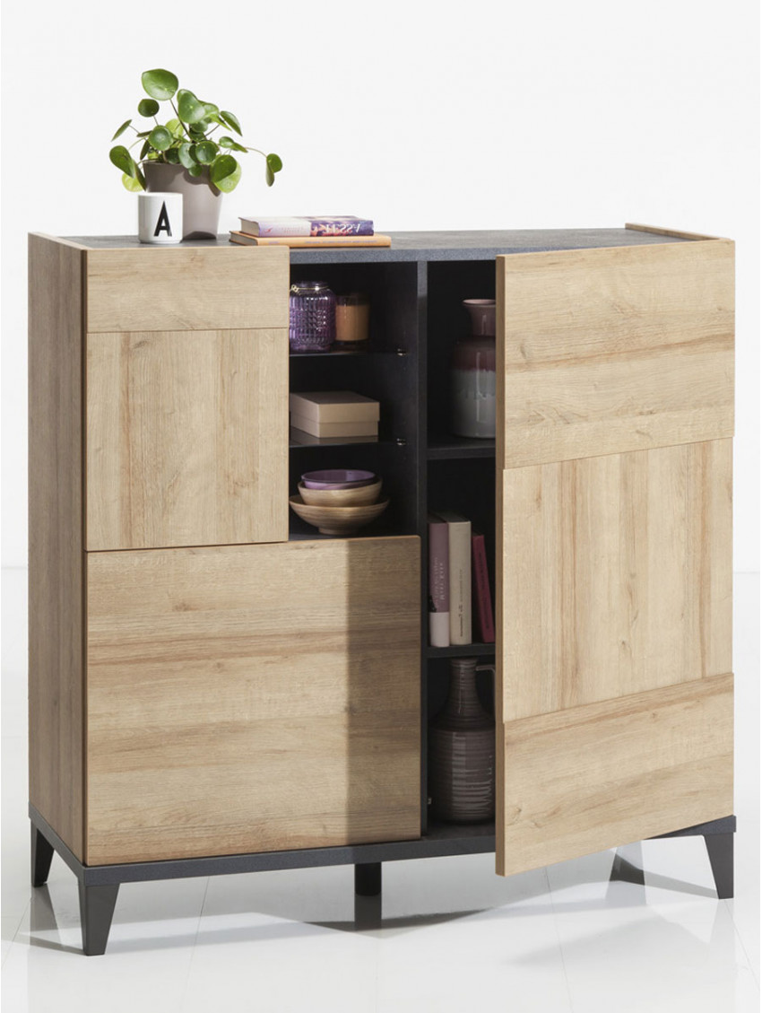 Mobile credenza 3 ante 2 mensole vetro L120 x P45 x H120 cm BLOOM Rovere/Antracite