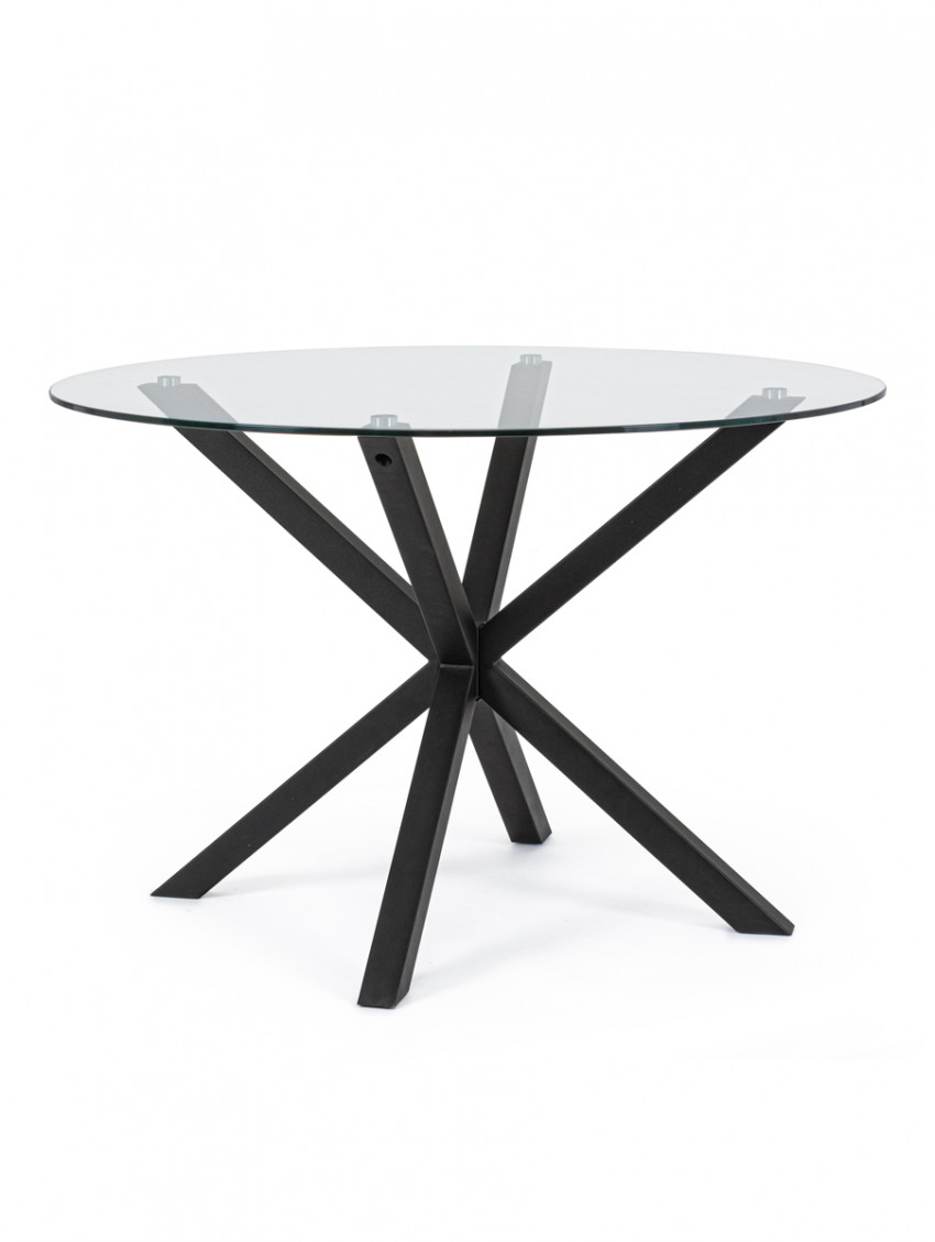 Tavolo tondo Ø L114xH76 cm piano in vetro 10 mm struttura acciaio MAY Nero