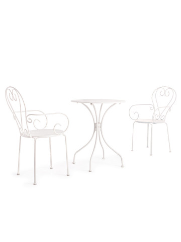 Set tavolo e 2 sedie bistrot con braccioli in ferro battuto impilabile ETIENNE Bianco