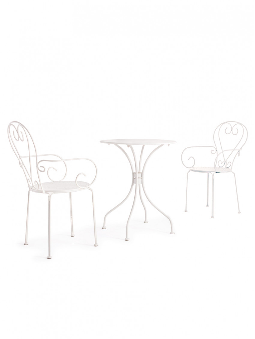 Set tavolo e 2 sedie bistrot con braccioli in ferro battuto impilabile ETIENNE Bianco