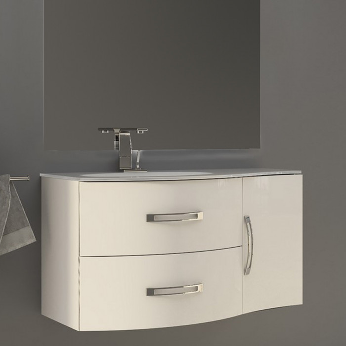 Mobile bagno sospeso vasca sx 104 cm 2 cassetti curvi 1 anta specchio led BEST Bianco lucido