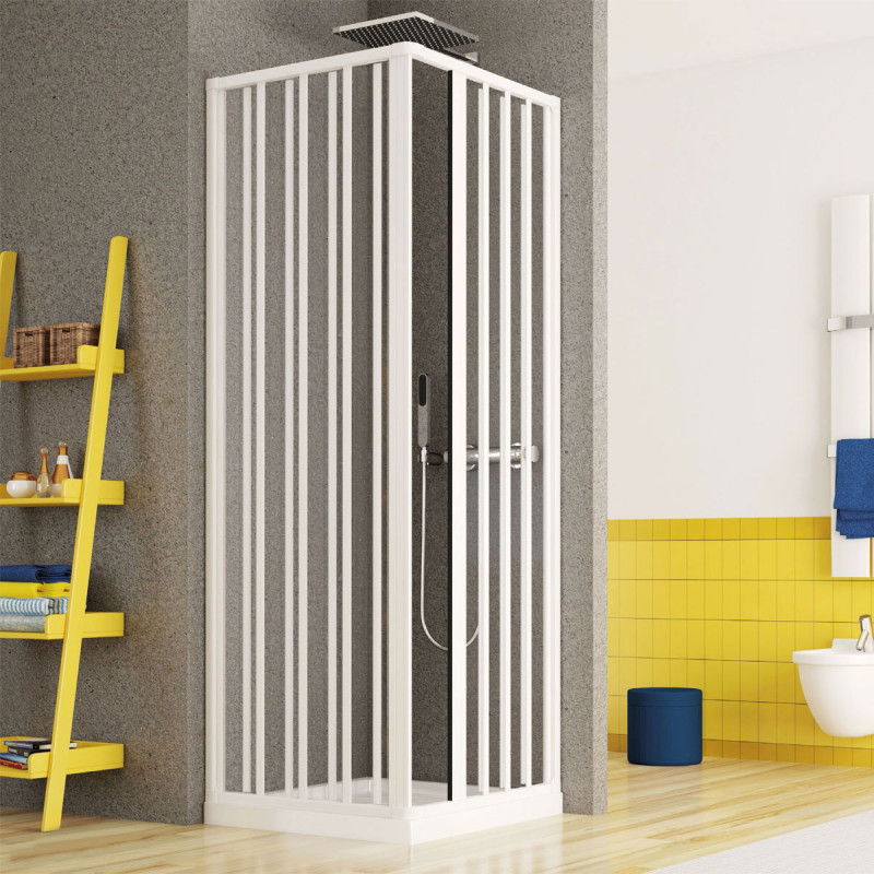 CARMEN - Box Doccia Angolare 2 Lati Apertura a Soffietto, PVC Bianco, Reversibile, Made in Italy