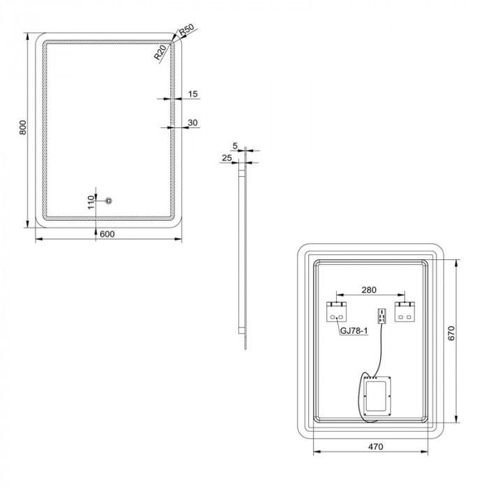 BORDER - Specchio bagno con luce LED cm 60x80 Touch Design
