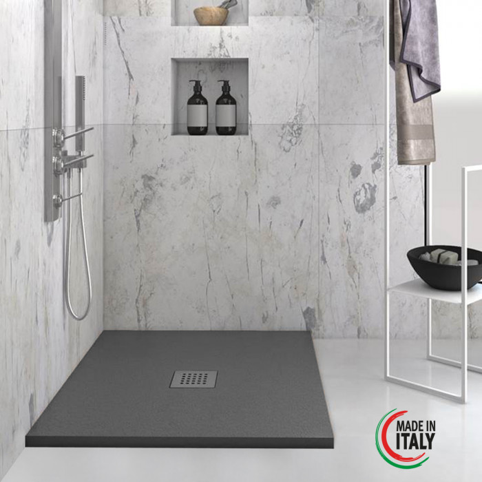 HEAVY - Piatto doccia quadrato in marmoresina h 2,5 cm Antracite con sifone e piletta