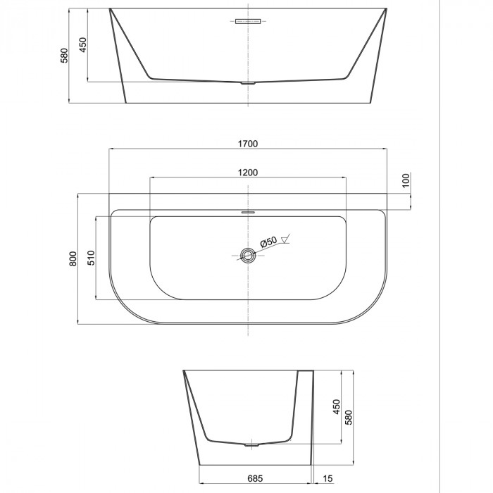WALL Vasca da bagno freestanding in acrilico cm 170x80xh58 Bianco
