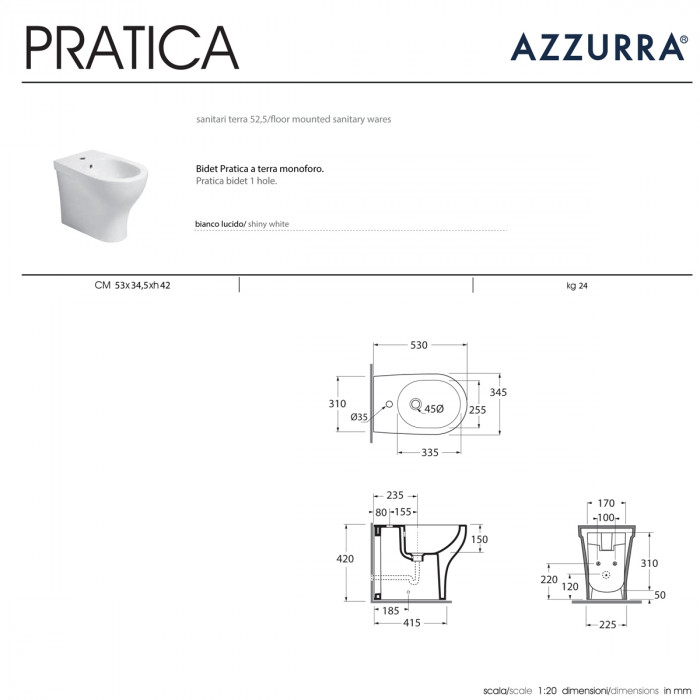 AZZURRA PRATICA - vaso traslato e bidet a terra con coprivaso Made in Italy