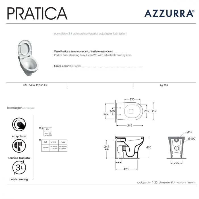 AZZURRA PRATICA - vaso traslato e bidet a terra con coprivaso Made in Italy