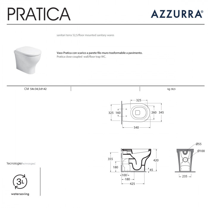 AZZURRA PRATICA - Vaso e bidet a terra con coprivaso Made in Italy