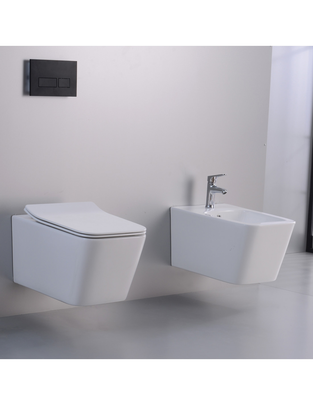 Set sanitari vaso rimless e bidet sospesi con coprivaso soft-close serie  PLAIN