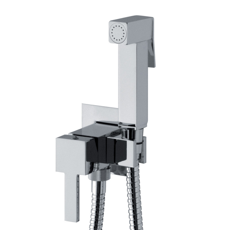 SQUARE - Idroscopino miscelatore acqua calda/fredda in ottone cromato doccetta e flessibile