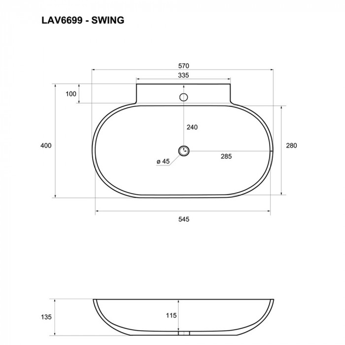 SWING - Lavabo da appoggio in ceramica cm 56 x 40 x H 12