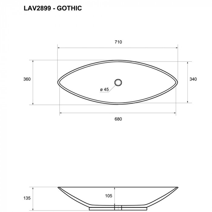 GOTHIC - Lavabo da appoggio in ceramica cm 71 x 37 x H 13