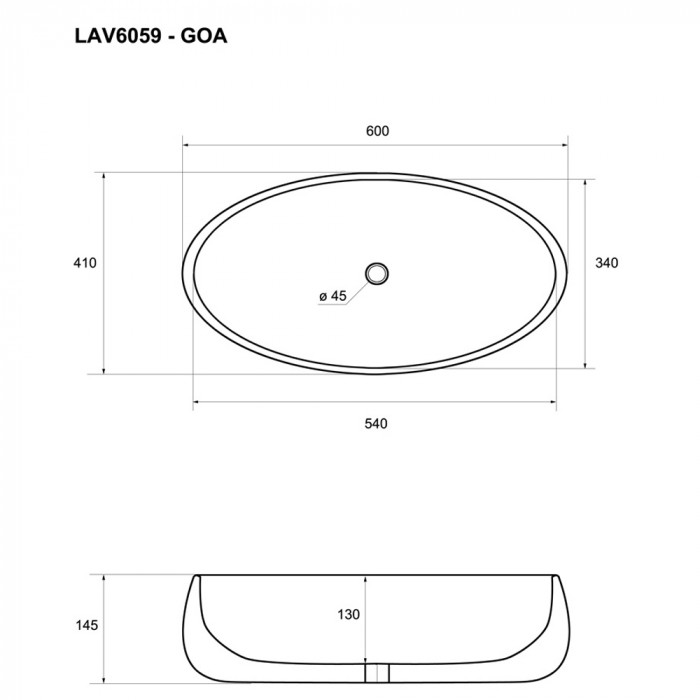 GOA - Lavabo da appoggio in ceramica cm 60 x 40 x H 15