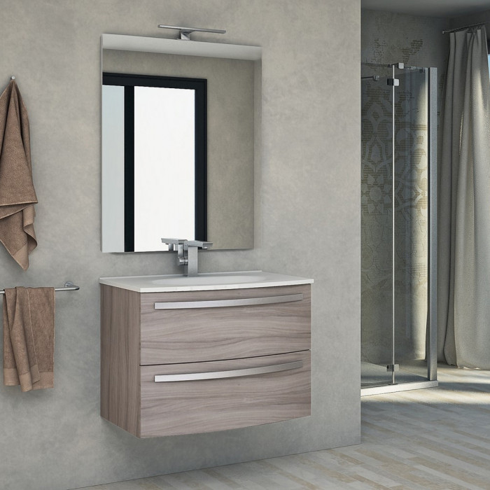 STELLA - Mobile bagno sospeso 75 cm 2 cassetti lavabo e specchio led Larice